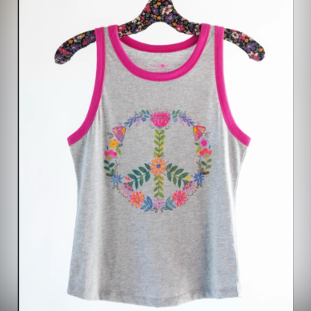 NATURAL LIFE Gray Tank Top with Pink Trim and Peace Sign Design